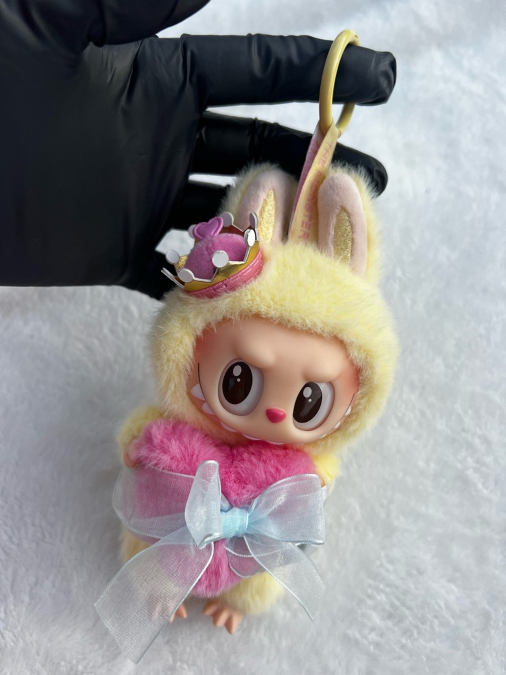 Pop Mart Labubu  in Yellow and Pink with Blue Bow and Crown, and ring attached